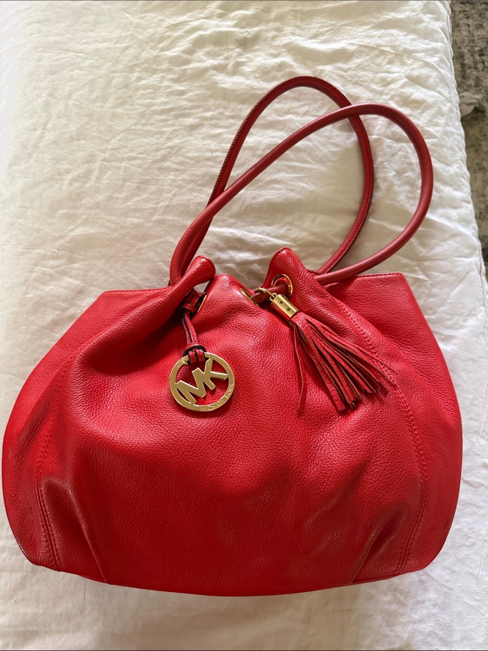 Michael Kors Orange/Red Pebble Leather Shoulder Bag with Tassel and MK Charm